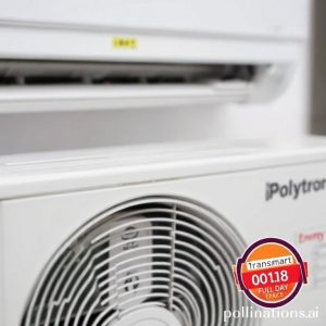 Close-up of a Polytron AC Split 1 PK unit, highlighting its sleek design and key features like energy efficiency labels. In the background, there's a faint representation of the 