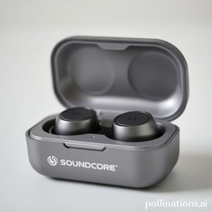 Close-up shot of the Soundcore R60i NC earbuds in their charging case, highlighting their sleek design and the Soundcore logo. The earbuds are placed in a minimalist setting.