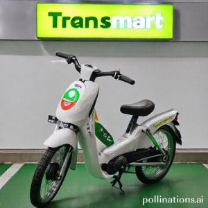Detail sepeda listrik yang dipamerkan di Transmart, menyoroti harga promo dan logo Allo Paylater serta Bank Mega.