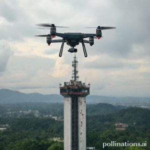 Drone terbang di atas area banjir di Aceh, menunjukkan menara telekomunikasi yang sebagian terendam air, dengan tim teknisi di darat sedang menilai kerusakan. Langit mendung dan air banjir keruh.