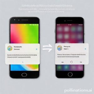 Dua smartphone, satu Android dan satu iPhone, saling bertukar file melalui Quick Share. Latar belakang menunjukkan ikon Quick Share dan simbol konektivitas nirkabel.