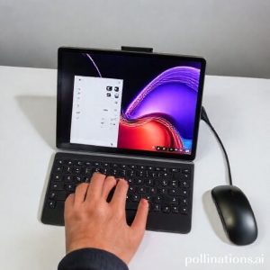 Galaxy Tab S11 terhubung ke keyboard cover dan mouse, digunakan dalam mode Samsung DeX untuk bekerja seperti desktop.