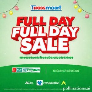 Ilustrasi banner promosi Transmart Full Day Sale dengan fokus pada diskon besar untuk AC Split 1 PK, mencantumkan logo Bank Mega dan Allo PayLater.