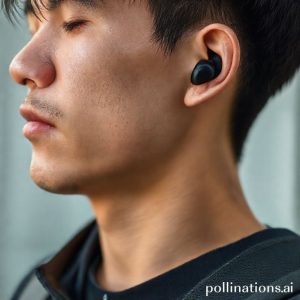 Ilustrasi close-up Samsung Galaxy Buds 4 Pro dengan seseorang yang sedang mengangguk, menunjukkan fitur kontrol gestur kepala. Fokus pada desain earbuds yang futuristik dan nyaman.