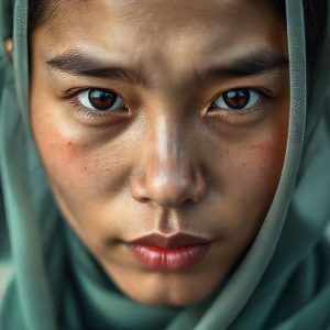 Ilustrasi close-up sebuah foto yang sedang diedit menggunakan antarmuka yang canggih, menunjukkan perubahan halus dan realistis pada detail wajah dan pencahayaan.