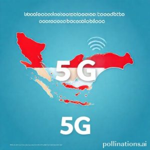 Ilustrasi grafik batang menunjukkan pertumbuhan penjualan ponsel 5G di Indonesia, dengan latar belakang peta Indonesia yang bersinar dan ikon 5G.