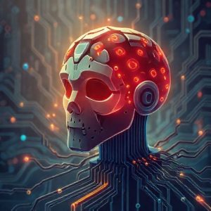 Ilustrasi otak komputer yang terhubung ke chip RAM, menggambarkan peran RAM dalam pemrosesan data AI.