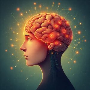 Ilustrasi otak manusia yang sebagiannya terhubung dengan sirkuit AI. Menunjukkan bagaimana AI memengaruhi proses berpikir manusia.