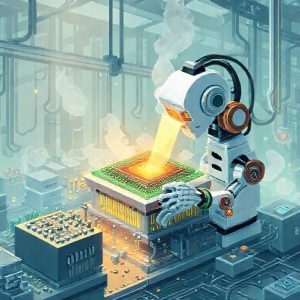 Ilustrasi pabrik pembuatan chip RAM dengan robot dan peralatan canggih.