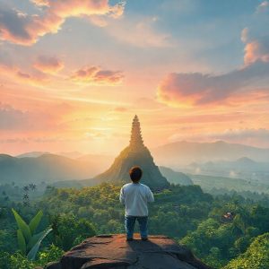 Ilustrasi peluncuran global Poco Pad X1 dan M1 di Bali dengan latar belakang pemandangan alam yang indah.