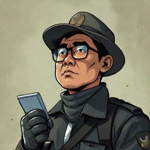 Ilustrasi seorang detektif dunia maya yang sedang memeriksa profil X (Twitter) dengan kaca pembesar, fokus pada informasi 