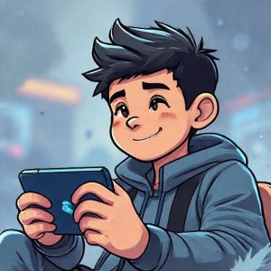 Ilustrasi seorang gamer sedang bermain game di perangkat handheld yang ditenagai oleh Intel Panther Lake, dengan ekspresi wajah yang gembira.