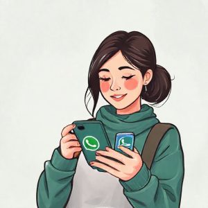 Ilustrasi seorang wanita sedang memegang iPhone dengan dua ikon WhatsApp yang berbeda di layar.