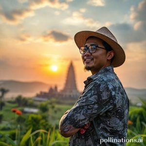 Ilustrasi seseorang memegang Poco F8 Pro dengan desain premium di tengah sawah di Bali saat matahari terbenam.