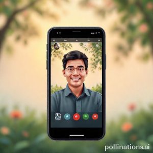 Ilustrasi seseorang sedang melakukan video call melalui Chat X di smartphone dengan latar belakang suasana santai.