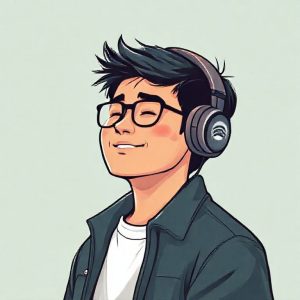 Ilustrasi seseorang yang sedang tersenyum sambil mendengarkan musik menggunakan headphone, dengan logo Spotify di latar belakang.