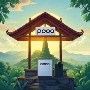 Ilustrasi suasana peluncuran global Poco Pad X1 dan M1 di Bali, menampilkan panggung dengan logo Poco dan latar belakang pemandangan alam Bali yang indah.