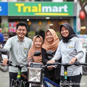 Keluarga bahagia memilih sepeda listrik di area sepeda Transmart Full Day Sale.