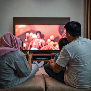 Keluarga sedang menikmati menonton film bersama di Smart TV 50