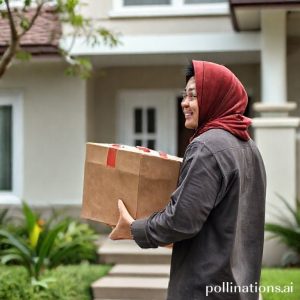 Kurir paket tersenyum sambil menyerahkan paket di depan sebuah rumah, dengan latar belakang aplikasi Google Maps di smartphone kurir yang menampilkan rute menuju rumah tersebut. Suasana cerah dan modern.