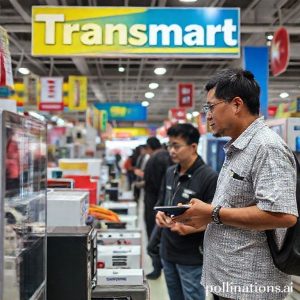 Orang-orang bersemangat mengantre di kasir Transmart saat Full Day Sale, membawa barang-barang elektronik termasuk kulkas.