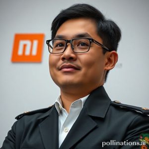 Potret close-up seorang eksekutif (representasi Satryo Sidhi Rachmat) tersenyum percaya diri, di latar belakang kabur dengan logo Xiaomi dan Poco. Di depannya, terlihat siluet abstrak dari diagram aliran produk dan uang, menunjukkan strategi bisnis yang efisien.