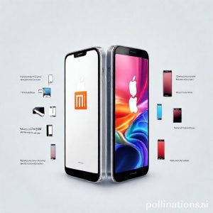 Sebuah gambar ilustrasi yang menunjukkan dua smartphone, satu dengan logo Apple dan satu dengan logo Xiaomi, saling membelakangi. Di belakang Xiaomi terlihat beberapa smartphone yang jumlahnya lebih sedikit dan terlihat lebih premium, sementara di belakang Apple hanya ada beberapa smartphone yang tampak konsisten. Latar belakang menunjukkan diagram tren pasar smartphone yang bergeser.