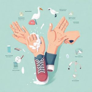 Sebuah ilustrasi digital yang menunjukkan beberapa tangan sedang membersihkan sepatu dengan berbagai alat modern dan produk pembersih. Latar belakang menunjukkan diagram pertumbuhan grafik bisnis dan ikon teknologi seperti awan, smartphone, dan roda gigi.