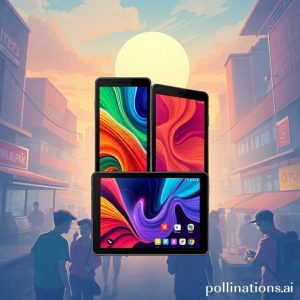 Sebuah ilustrasi digital yang menampilkan dua tablet, satu berwarna gelap (Poco Pad X1) dengan antarmuka game balap yang intensif, dan satu lagi berwarna terang (Poco Pad M1) menampilkan aplikasi produktivitas dan video streaming. Keduanya berada di atas peta Indonesia yang bersinar, menunjukkan fokus pasar RI. Latar belakang memiliki elemen grafis yang menunjukkan diagram rantai pasok dan grafik harga.