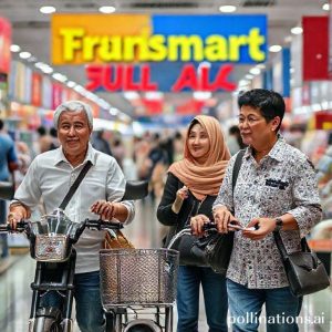 Sebuah keluarga ceria sedang berbelanja di Transmart, mendorong troli penuh dengan barang belanjaan, dengan fokus pada bagian elektronik di mana sebuah kulkas 436L side by side terlihat menarik perhatian mereka. Latar belakang toko yang ramai namun terorganisir dengan tulisan 