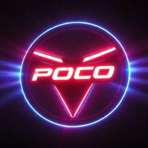 Sebuah render futuristik dari logo POCO dengan latar belakang sirkuit elektronik dan cahaya neon, melambangkan performa ekstrem dan teknologi.