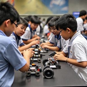Sekelompok pelajar dari berbagai negara bekerja sama di meja kompetisi World Robot Olympiad, fokus pada robot Lego EV3 mereka dengan sorotan dan penonton di latar belakang, menunjukkan kegembiraan dan kerja tim.