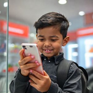 Seorang anak muda sedang melihat-lihat iPhone terbaru di toko Erajaya, dengan ekspresi tertarik dan antusias.