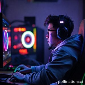 Seorang gamer sedang bermain game berat di PC gaming high-end dengan lampu RGB yang futuristik.