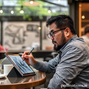 Seorang konten kreator sedang menggunakan Galaxy Tab S11 dengan S Pen untuk menggambar digital di sebuah kafe.