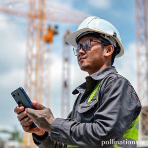 Seorang pekerja konstruksi menggunakan Galaxy XCover7 Pro di lokasi proyek yang berdebu dan panas.