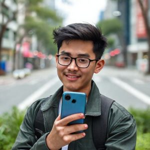 Seorang pemuda memegang smartphone Oppo terbaru sambil tersenyum, dengan latar belakang perkotaan yang modern dan dinamis.