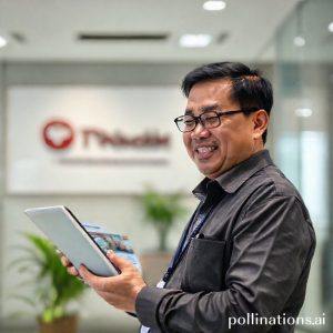 Seorang pengusaha UMKM tersenyum sambil memegang tablet dengan tampilan website pendaftaran PT Perorangan, latar belakang kantor modern.