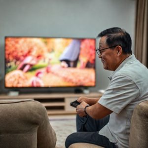 Seorang pria tersenyum sambil memegang remote control di depan Smart TV 50 inci yang menampilkan gambar berkualitas tinggi. Latar belakang adalah ruang keluarga yang nyaman.
