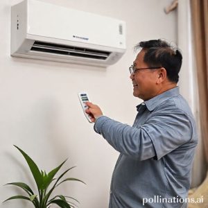 Seorang pria tersenyum sambil memegang remote AC di ruangan yang sejuk, menunjukkan kepuasan setelah membeli AC Split 1 PK saat Transmart Full Day Sale.