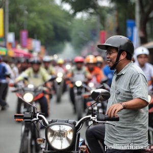 Seorang pria tersenyum bahagia mengendarai sepeda listrik di jalan perkotaan yang ramai saat Transmart Full Day Sale.