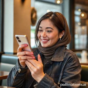 Seorang wanita memegang iPhone 14 Pro dengan Hikawa Grip MagSafe berwarna senada dengan pakaiannya, tersenyum sambil berfoto di sebuah kafe yang stylish. Fokus pada grip dan iPhone.