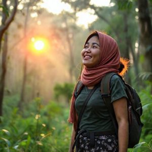Seorang wanita muda tersenyum bahagia saat berjalan di tengah hutan yang rimbun dengan sinar matahari pagi menembus pepohonan.