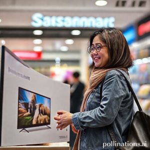 Seorang wanita tersenyum lebar sambil memegang box Smart TV 50