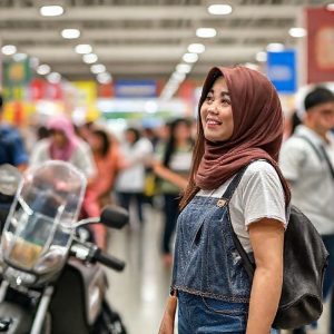 Seorang wanita tersenyum sambil melihat kulkas side by side 436L di dalam gerai Transmart yang ramai saat Full Day Sale.