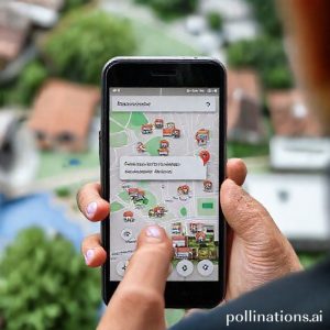 Seseorang sedang memegang smartphone dengan aplikasi Google Maps terbuka, jari menunjuk ke tombol 'Kontribusi' atau 'Add a missing place' di layar. Latar belakang menunjukkan rumah-rumah di perumahan yang belum dipetakan.