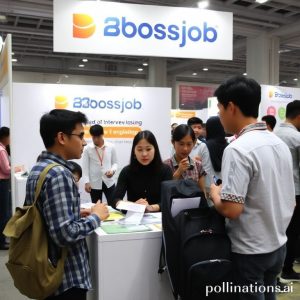Suasana ramai di UI Vocational Expo dengan banyak mahasiswa berinteraksi di booth Bossjob, di mana terlihat logo Bossjob dan spanduk