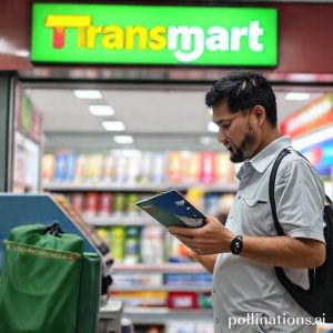Tangan memegang kartu kredit Bank Mega saat membayar kulkas 436L di kasir Transmart, menunjukkan kemudahan pembayaran dan promo yang tersedia.