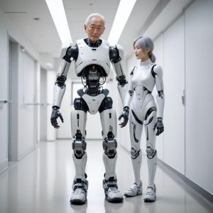 A Japanese elderly man with an advanced exoskeleton on his legs, being assisted by a friendly-looking humanoid robot, walking in a clean, futuristic corridor.