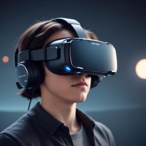 A close-up shot of a Meta Quest 3 VR headset with a user's eyes visible through the lenses, looking into a digital world. The digital world inside the lenses shows an empty, blocky, and somewhat desolate Horizon Worlds environment, contrasting with the high-tech headset.